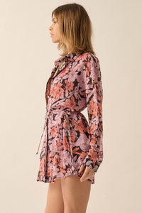 Phuket Fantasy Floral Chiffon Belted Shirt Romper - ShopPromesa