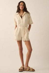 Sew It Goes Belted Rib-Knit Half-Button Romper - ShopPromesa