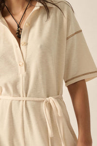 Sew It Goes Belted Rib-Knit Half-Button Romper - ShopPromesa