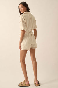 Sew It Goes Belted Rib-Knit Half-Button Romper - ShopPromesa