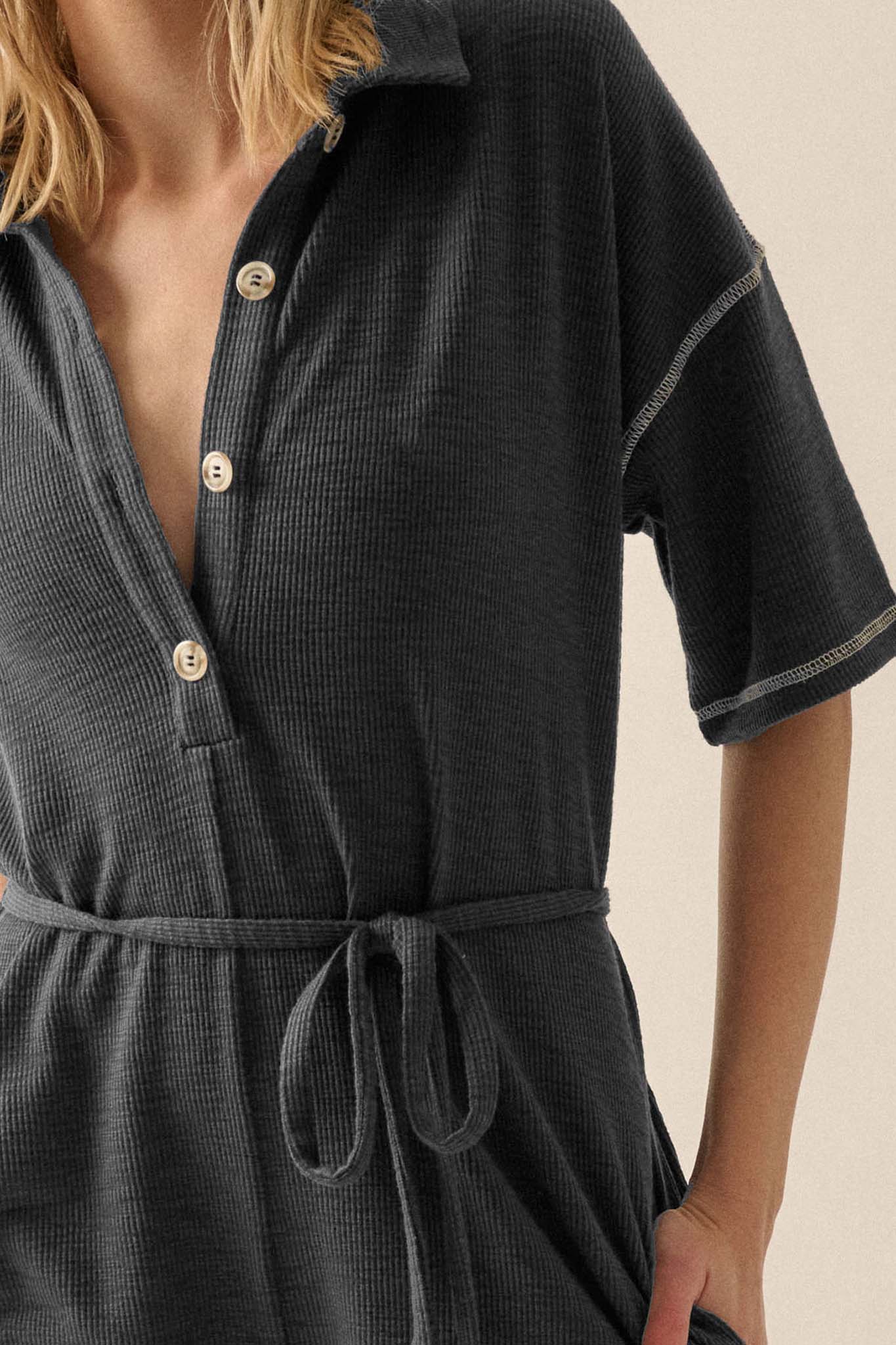 Sew It Goes Belted Rib-Knit Half-Button Romper - ShopPromesa