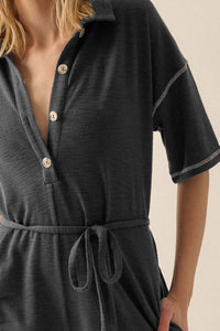 Sew It Goes Belted Rib-Knit Half-Button Romper - ShopPromesa