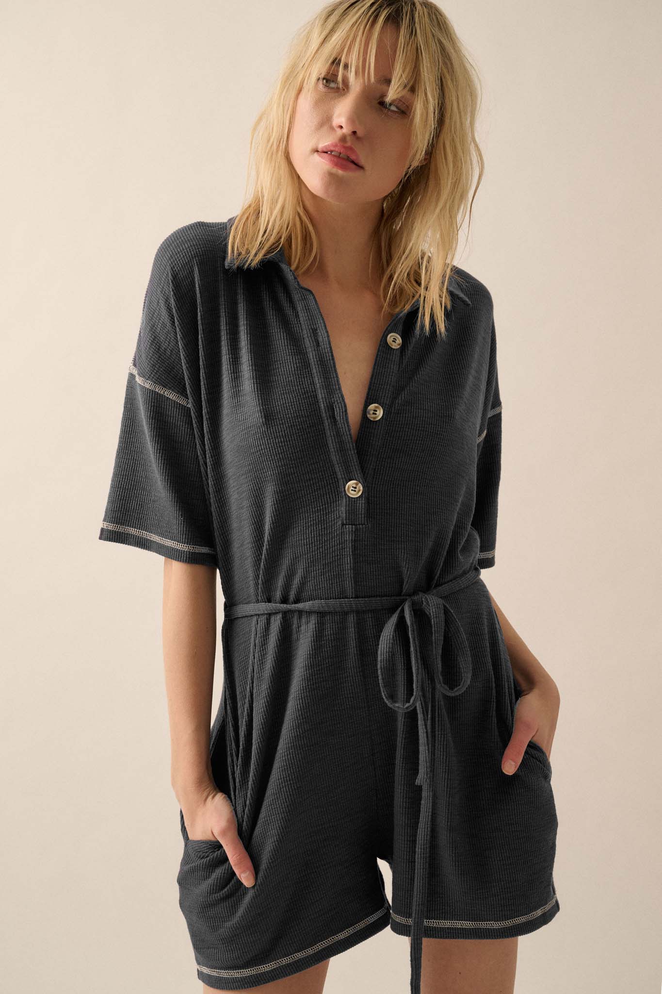 Sew It Goes Belted Rib-Knit Half-Button Romper - ShopPromesa