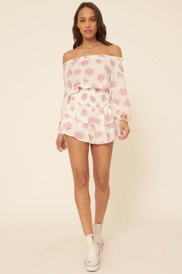 All My Love Ruffled Floral Off-Shoulder Romper - ShopPromesa