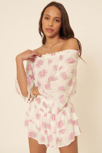 All My Love Ruffled Floral Off-Shoulder Romper - ShopPromesa