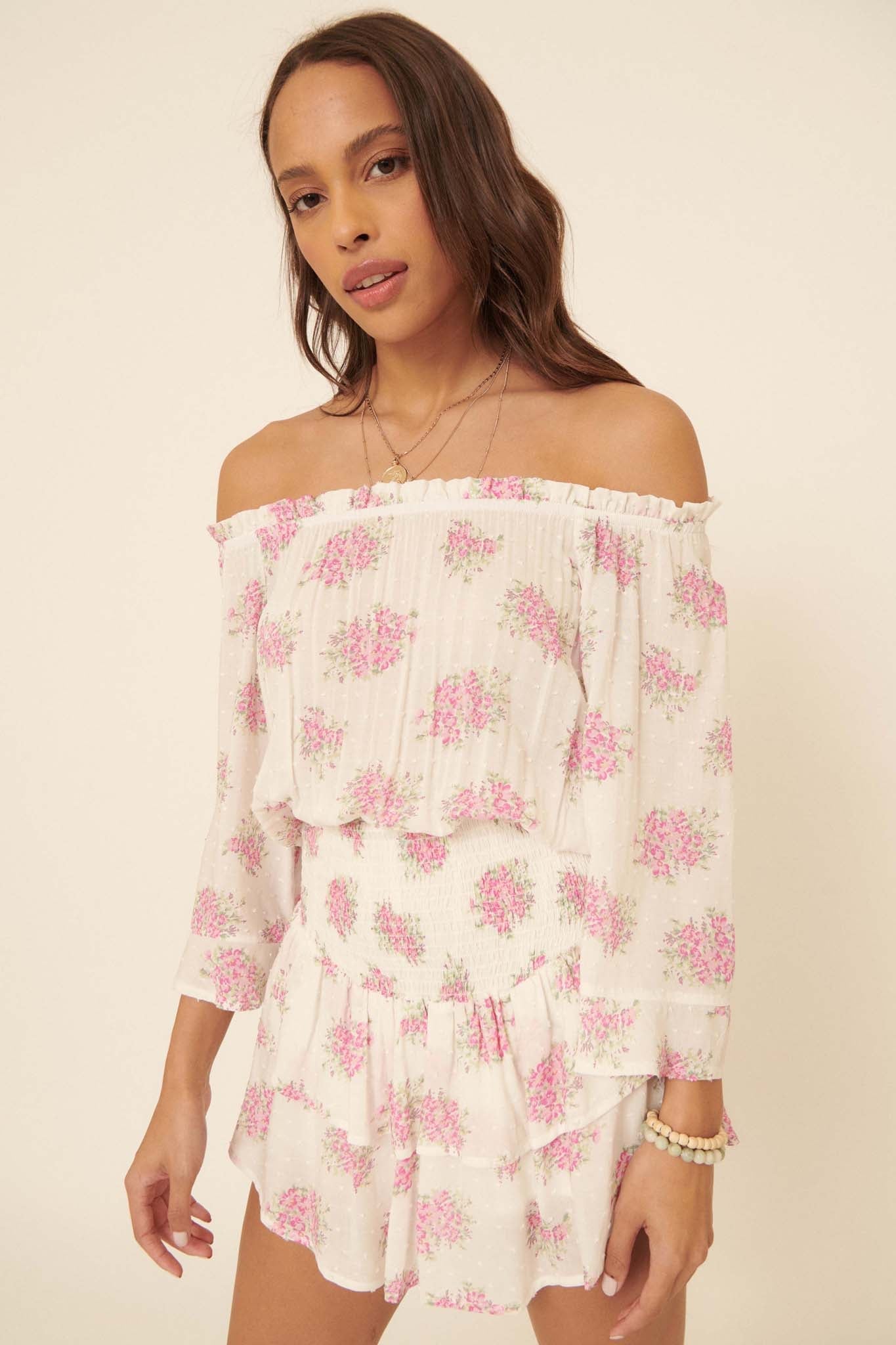 All My Love Ruffled Floral Off-Shoulder Romper - ShopPromesa