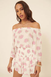 All My Love Ruffled Floral Off-Shoulder Romper - ShopPromesa