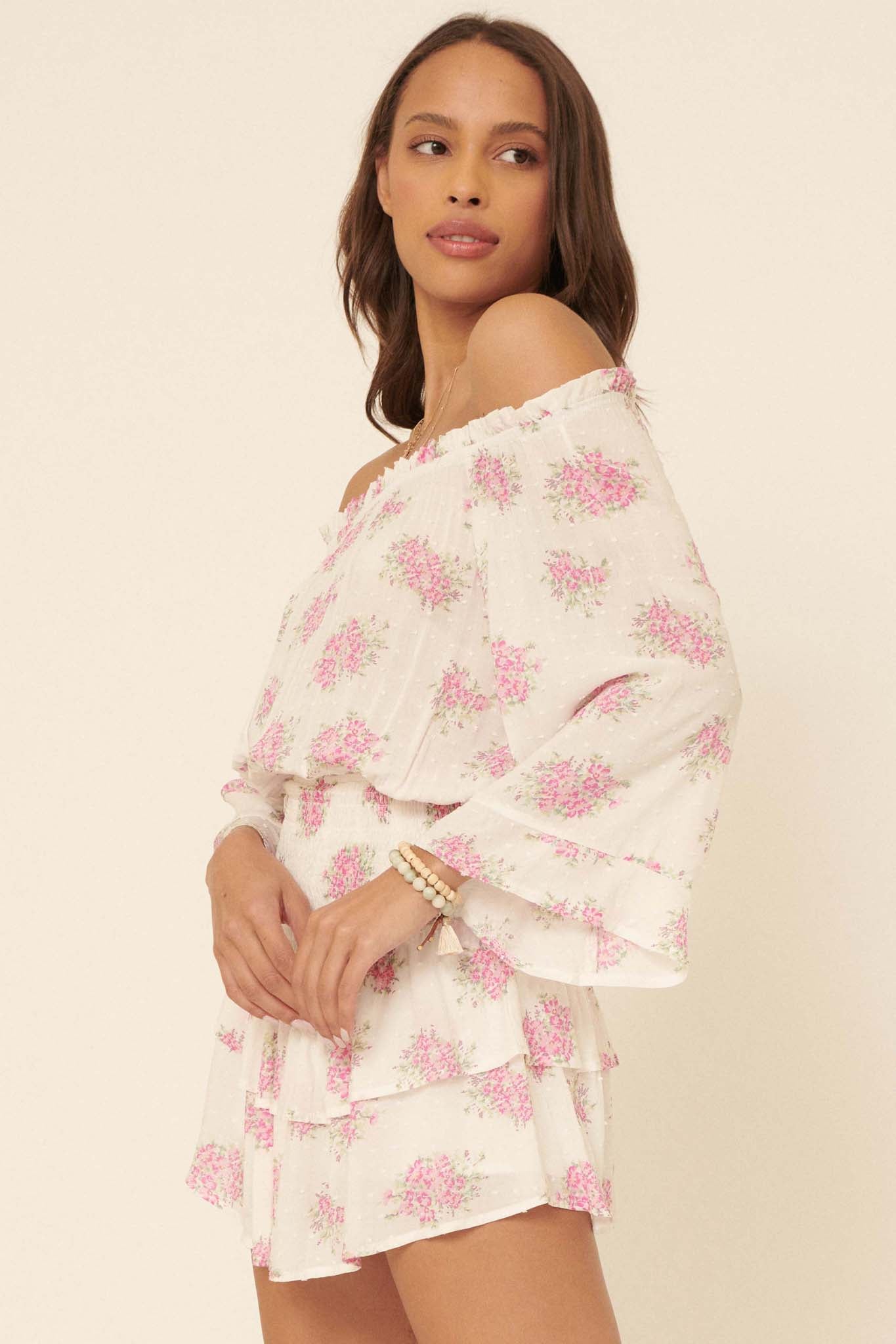 All My Love Ruffled Floral Off-Shoulder Romper - ShopPromesa