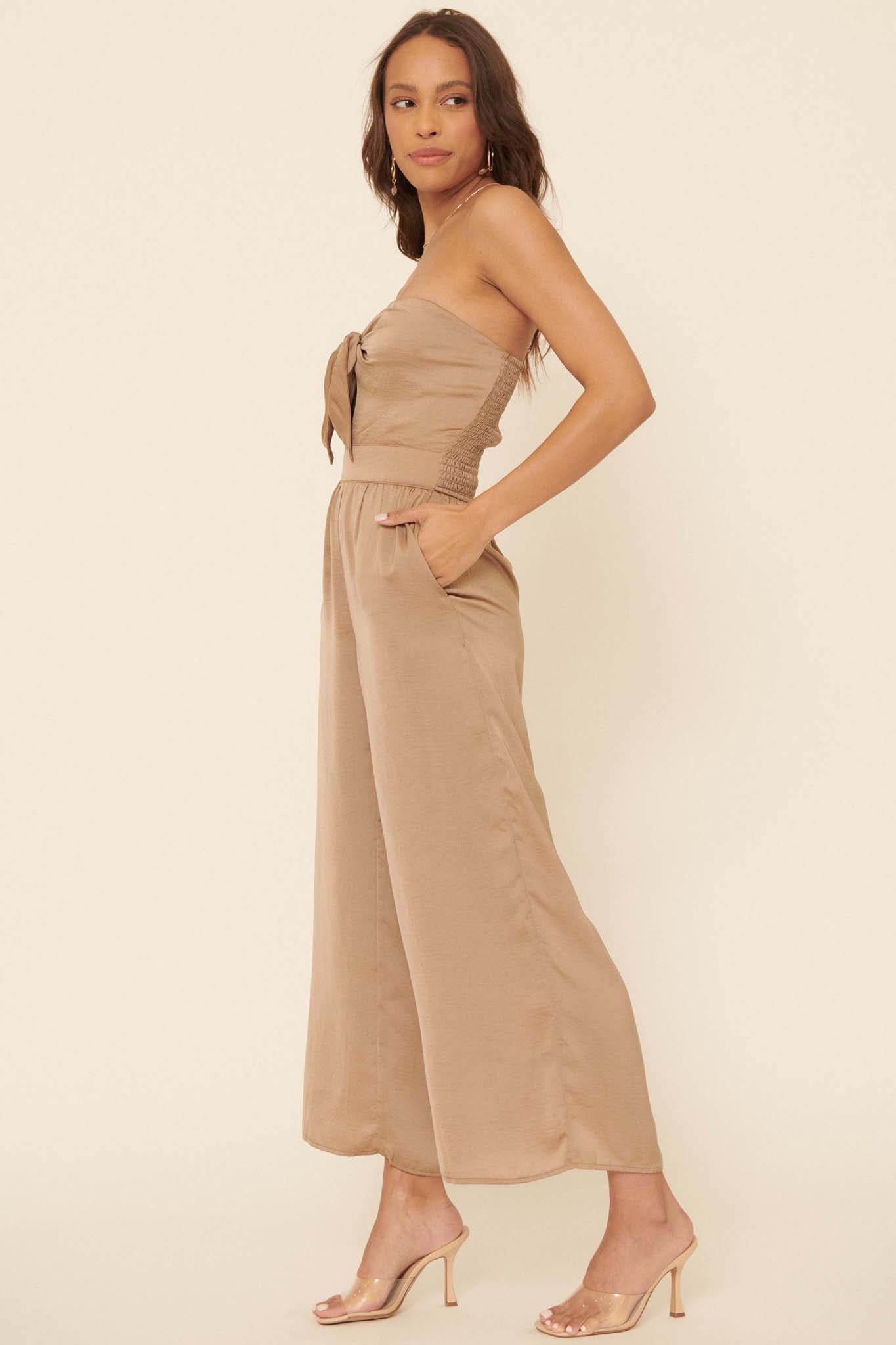 Luxe Life Strapless Tie-Front Satin Jumpsuit - ShopPromesa