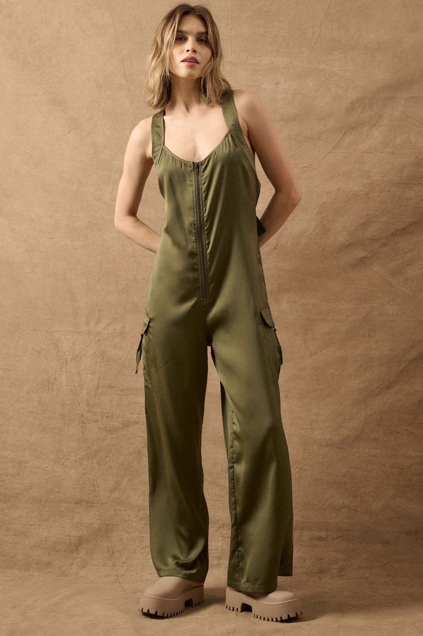 Simple Life Matte Satin Cargo Overall Jumpsuit - ShopPromesa