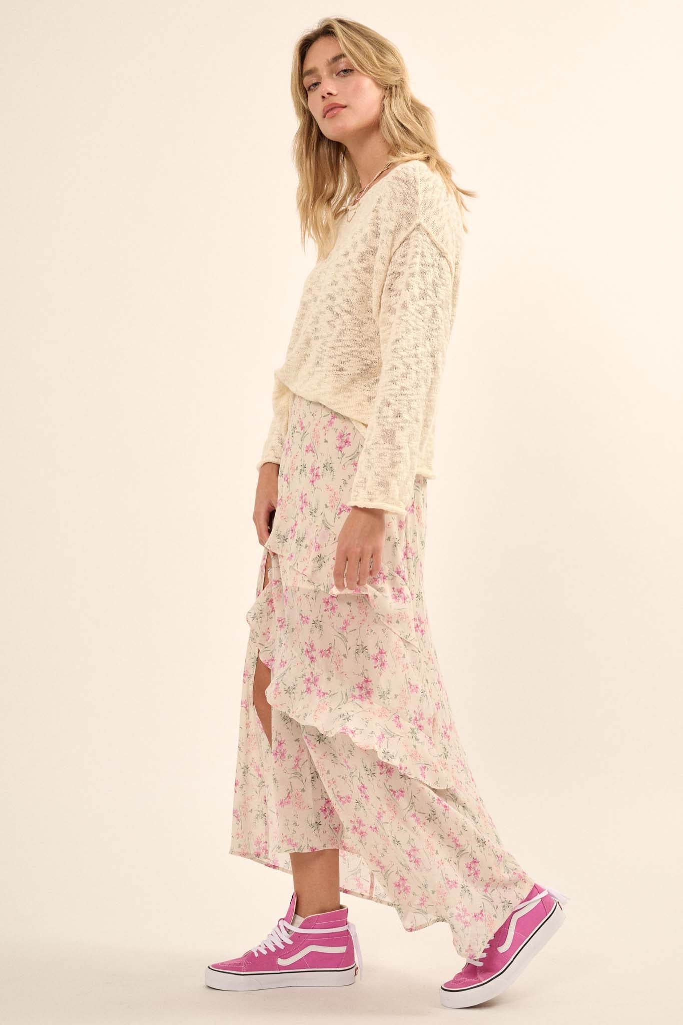 Lovely Lilies Floral Chiffon Ruffled Maxi Skirt - ShopPromesa