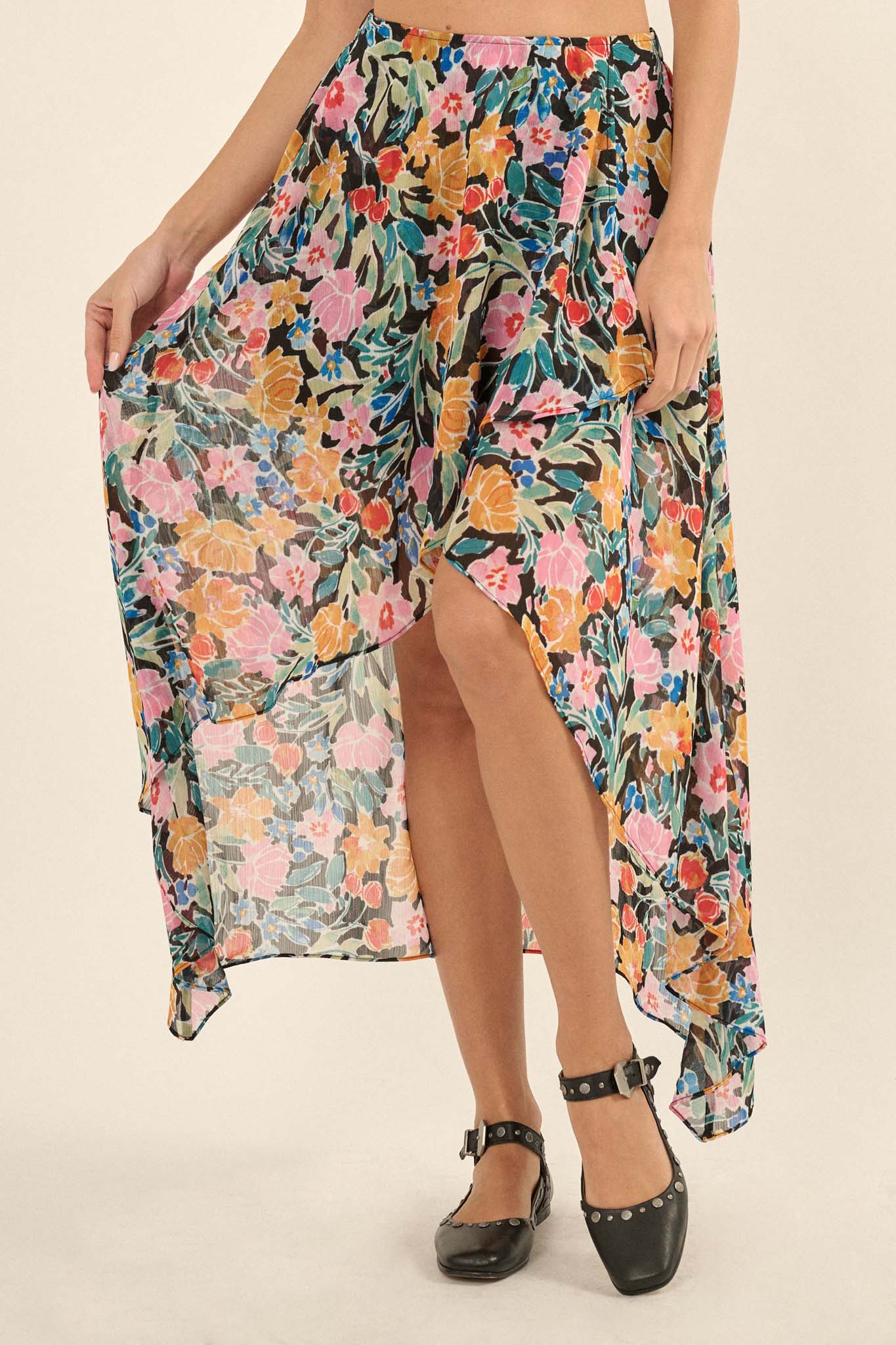 Havana Nights Floral Chiffon Wrapped Midi Skirt - ShopPromesa