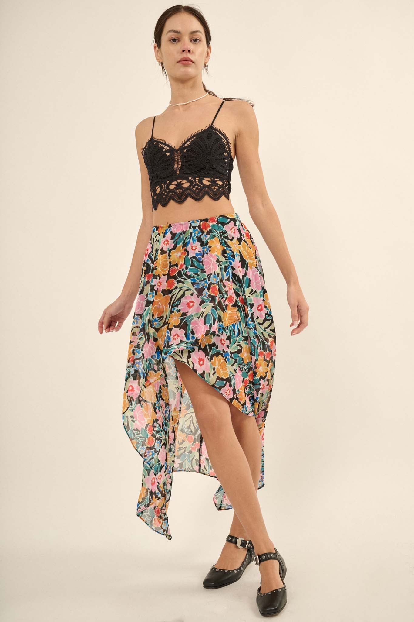 Havana Nights Floral Chiffon Wrapped Midi Skirt - ShopPromesa