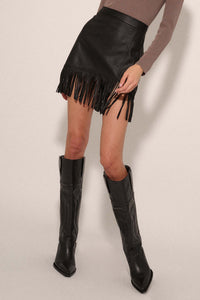 Center Stage Vegan Leather Fringe Mini Skirt - ShopPromesa