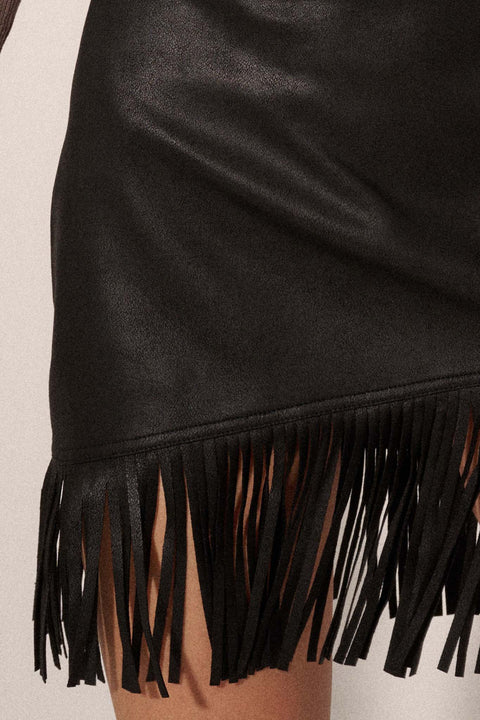 Center Stage Vegan Leather Fringe Mini Skirt - ShopPromesa