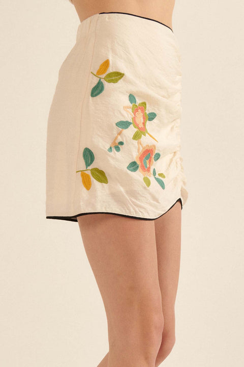 Paper Flowers Embroidered Ruched Mini Skirt - ShopPromesa