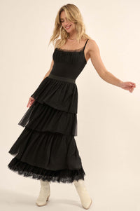 Frilly Flirt Asymmetrical Tiered Ruffle Maxi Skirt - ShopPromesa