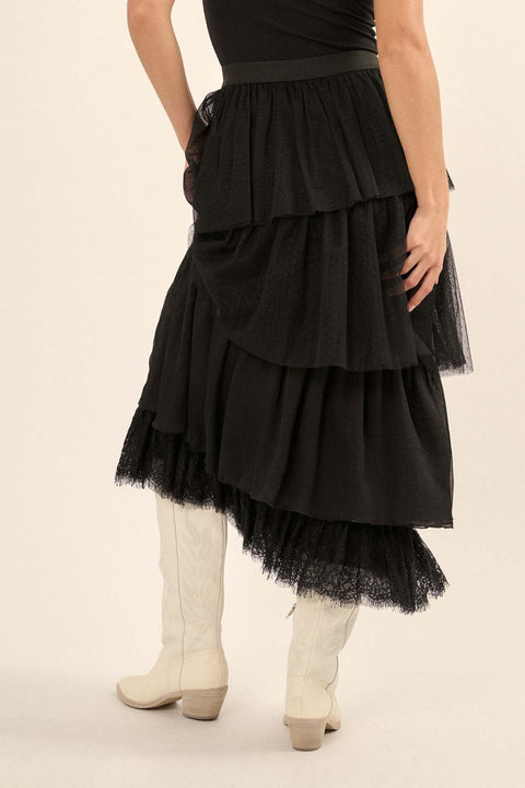 Frilly Flirt Asymmetrical Tiered Ruffle Maxi Skirt - ShopPromesa