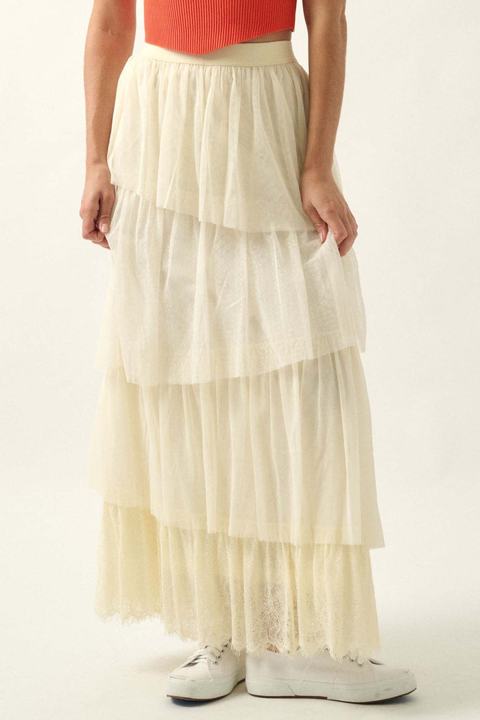 Frilly Flirt Asymmetrical Tiered Ruffle Maxi Skirt - ShopPromesa