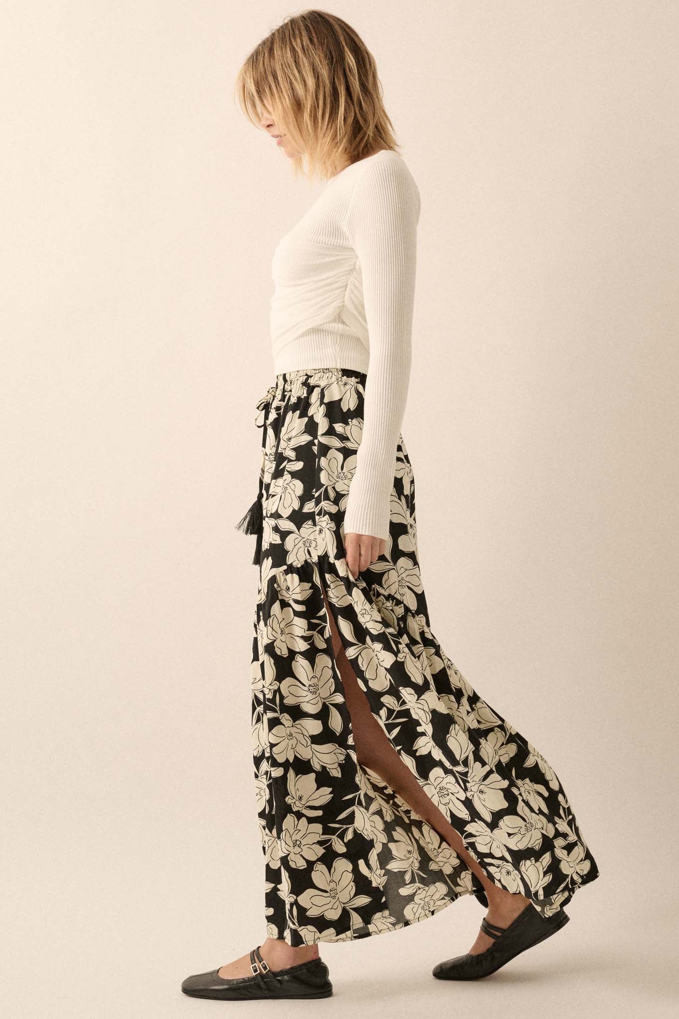 Black Orchid Floral-Print Asymmetrical Maxi Skirt - ShopPromesa