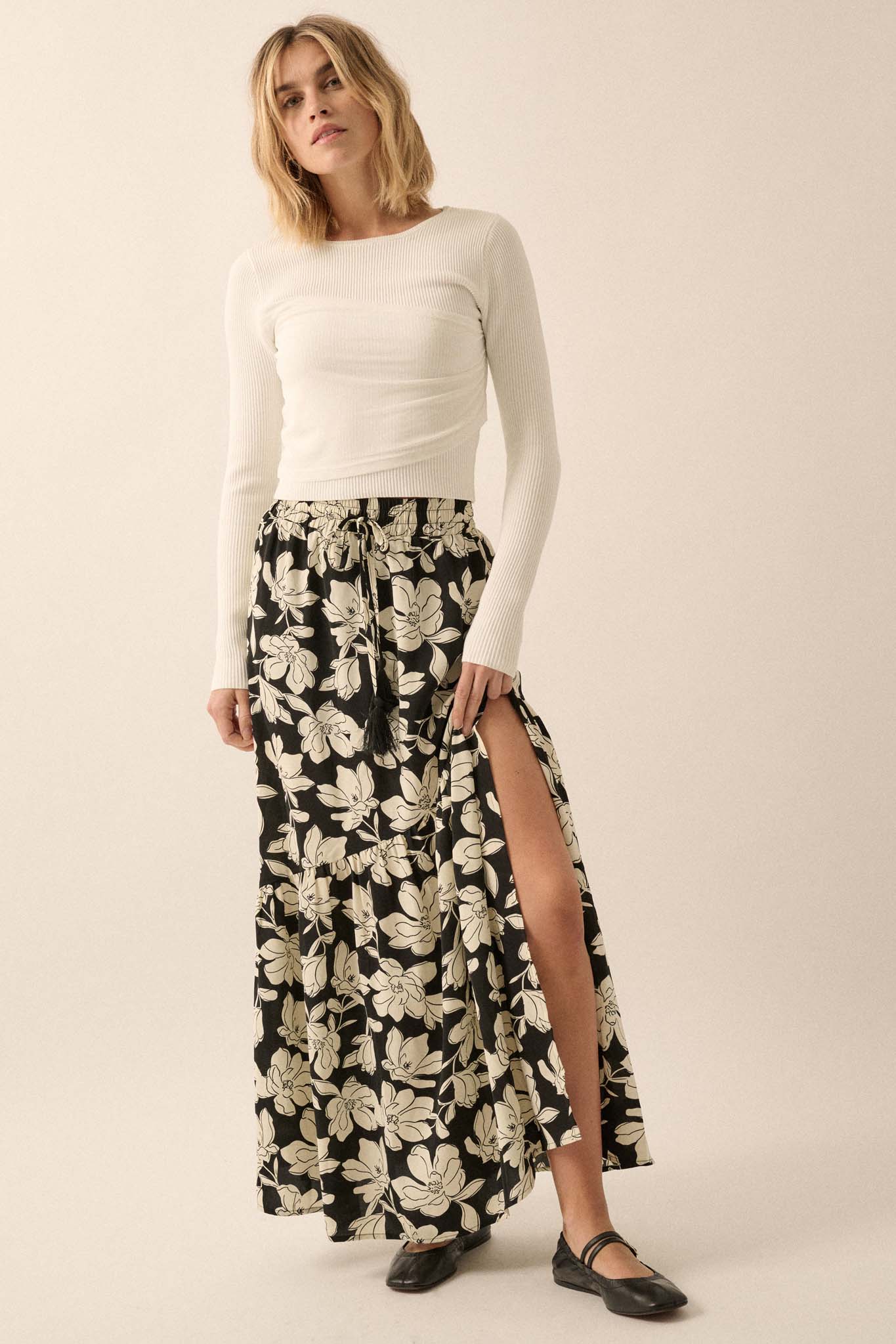 Black Orchid Floral-Print Asymmetrical Maxi Skirt - ShopPromesa