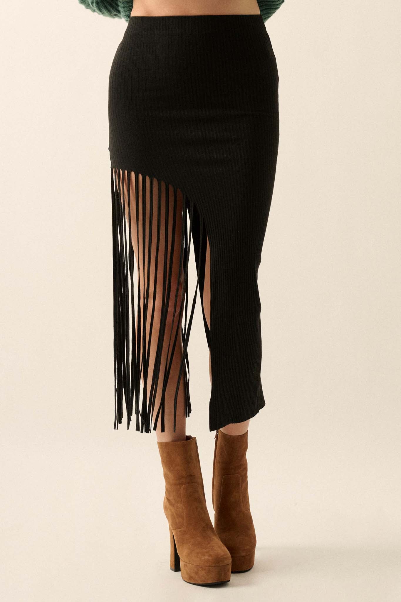 Shimmy on Down Asymmetrical Fringe Midi Skirt - ShopPromesa