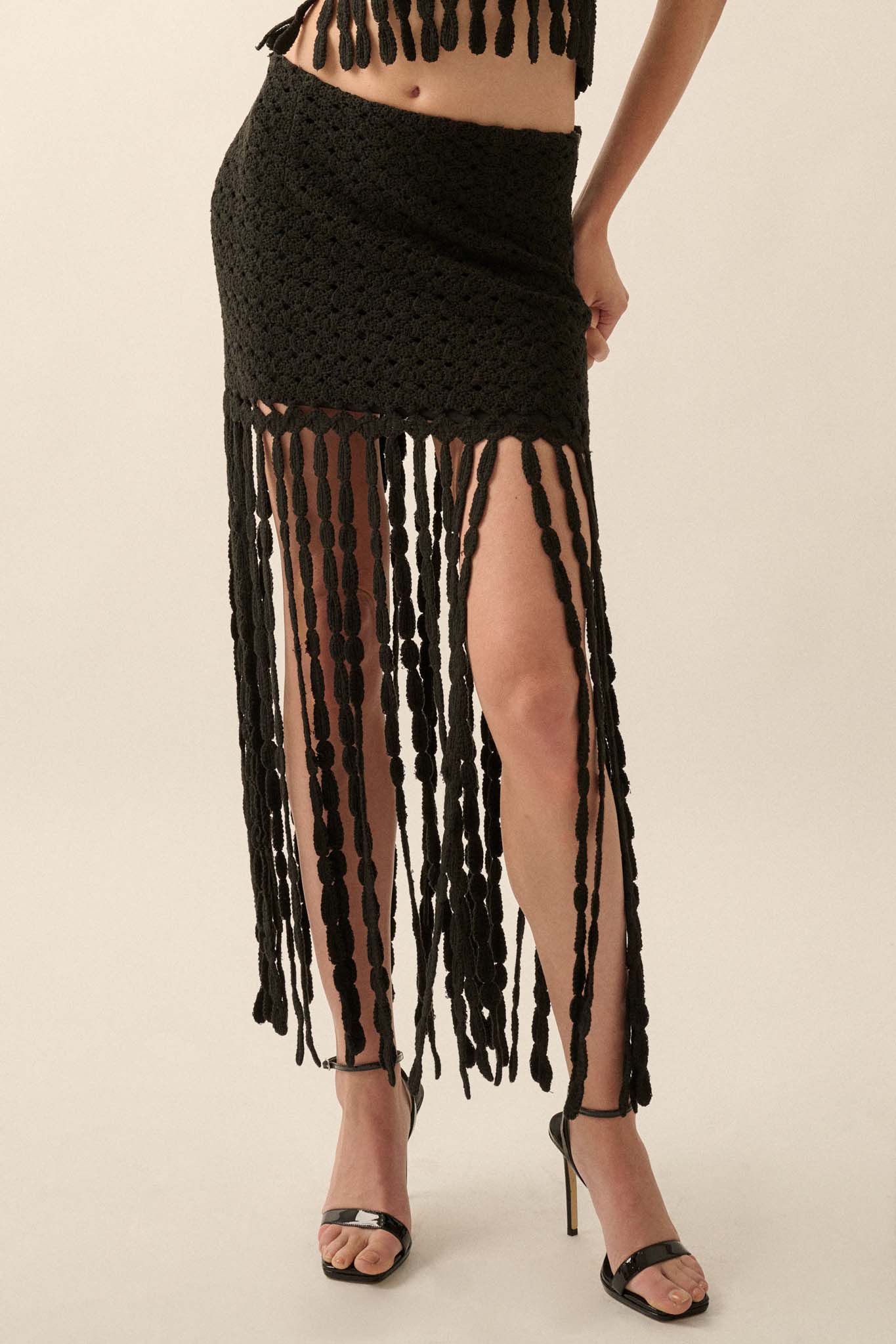 Hippie Spirit Crochet Knit Fringe Maxi Skirt - ShopPromesa