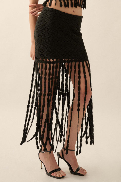 Hippie Spirit Crochet Knit Fringe Maxi Skirt - ShopPromesa
