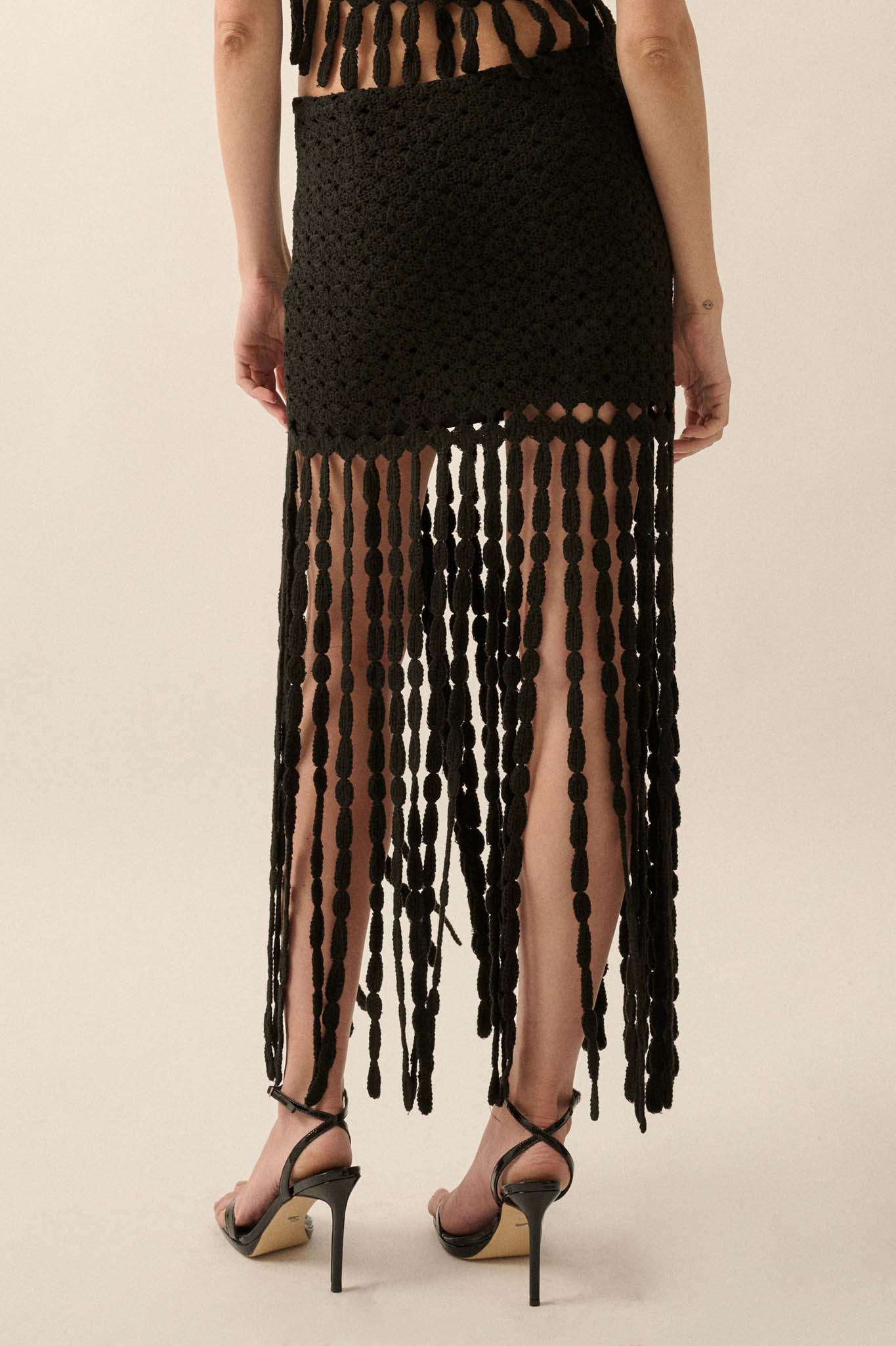 Hippie Spirit Crochet Knit Fringe Maxi Skirt - ShopPromesa