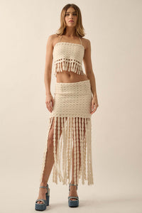 Hippie Spirit Crochet Knit Fringe Maxi Skirt - ShopPromesa