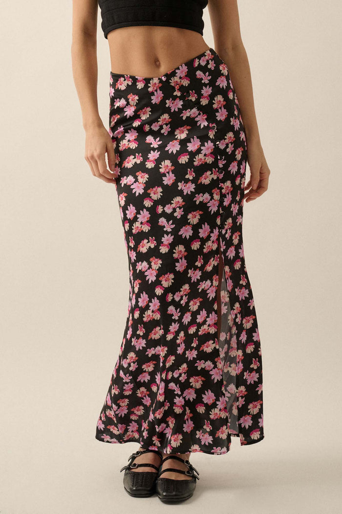 Sassy Blossoms Floral Satin Buttoned Maxi Skirt - ShopPromesa