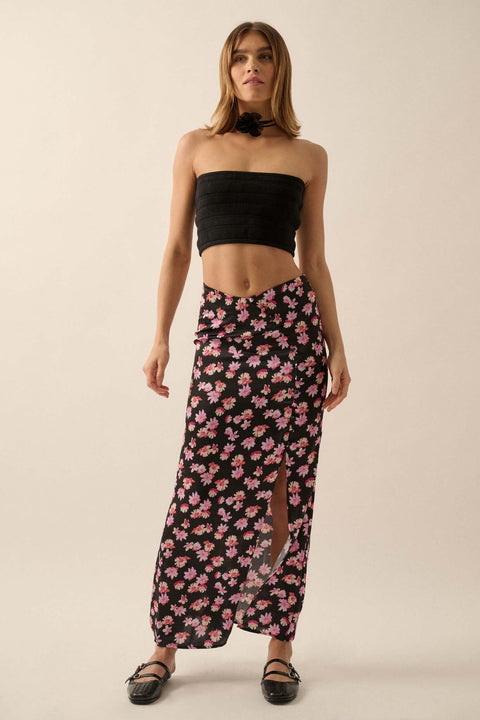 Sassy Blossoms Floral Satin Buttoned Maxi Skirt - ShopPromesa