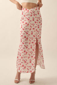 Sassy Blossoms Floral Satin Buttoned Maxi Skirt - ShopPromesa