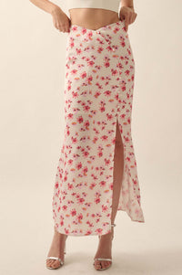 Sassy Blossoms Floral Satin Buttoned Maxi Skirt - ShopPromesa