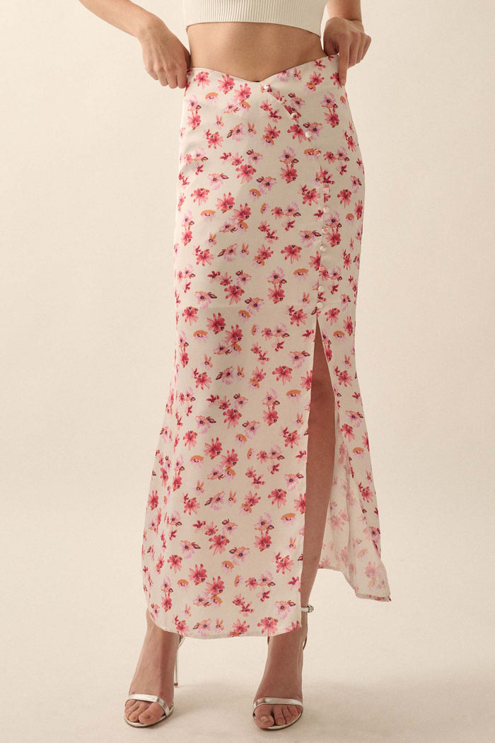 Sassy Blossoms Floral Satin Buttoned Maxi Skirt - ShopPromesa