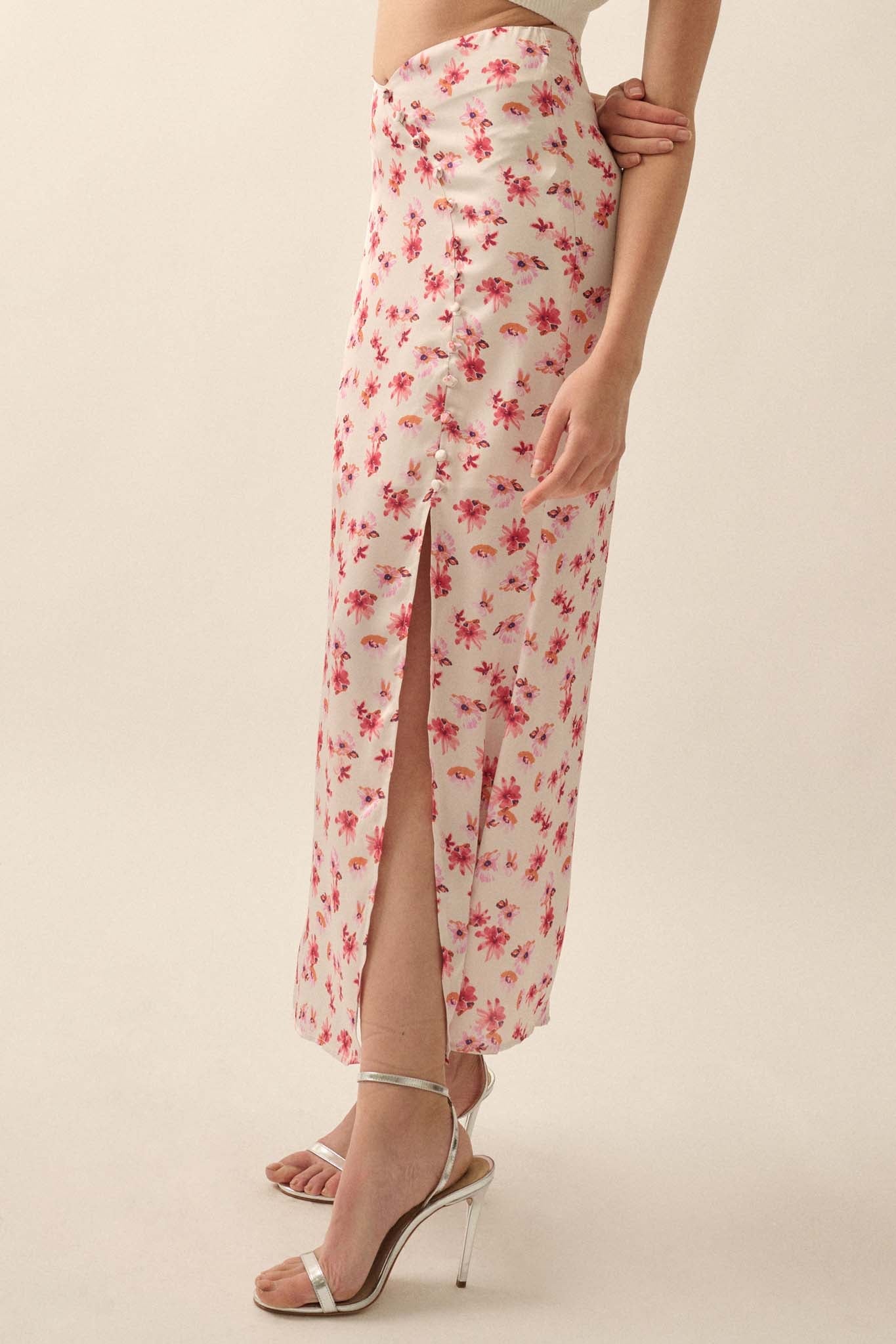 Sassy Blossoms Floral Satin Buttoned Maxi Skirt - ShopPromesa