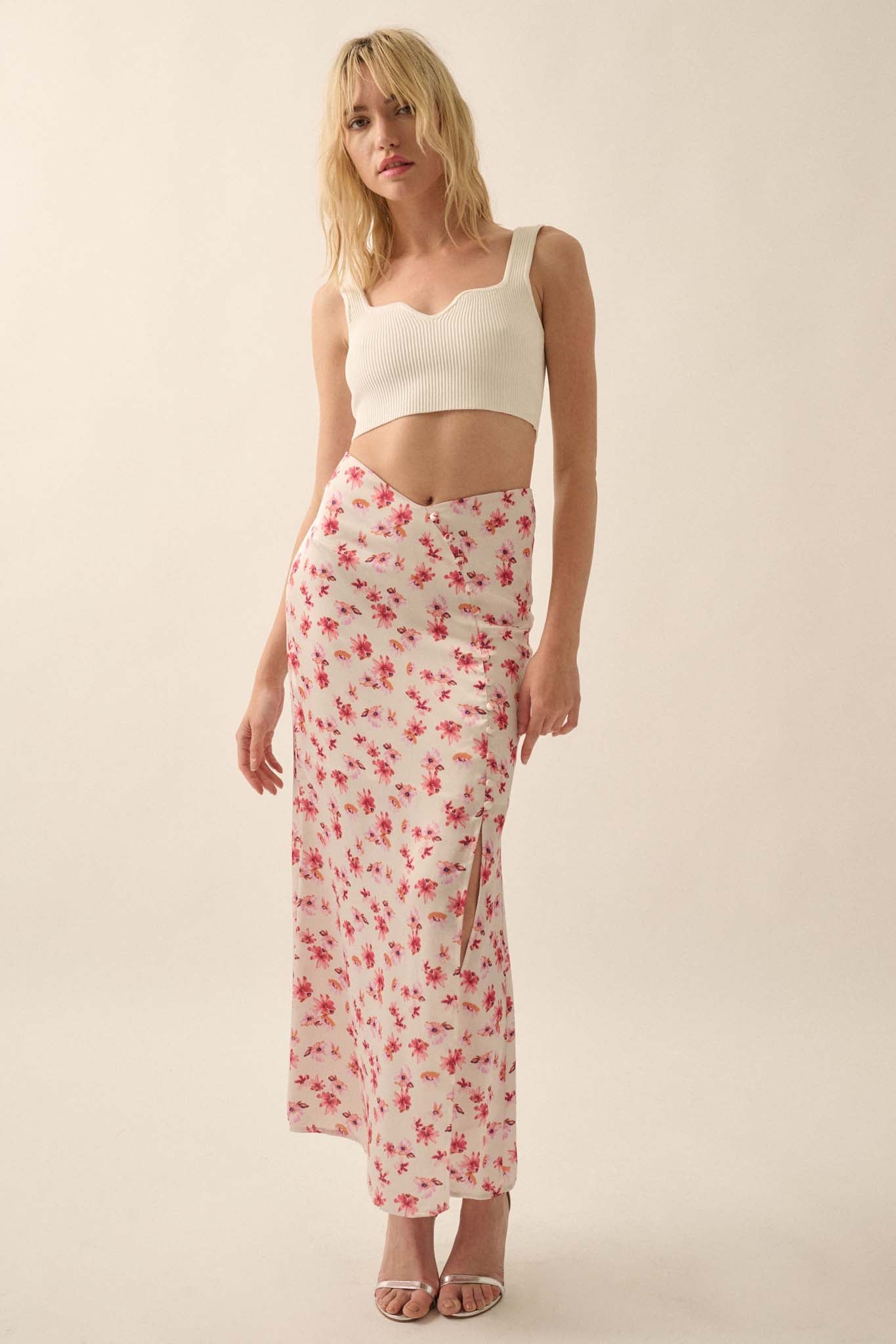 Sassy Blossoms Floral Satin Buttoned Maxi Skirt - ShopPromesa