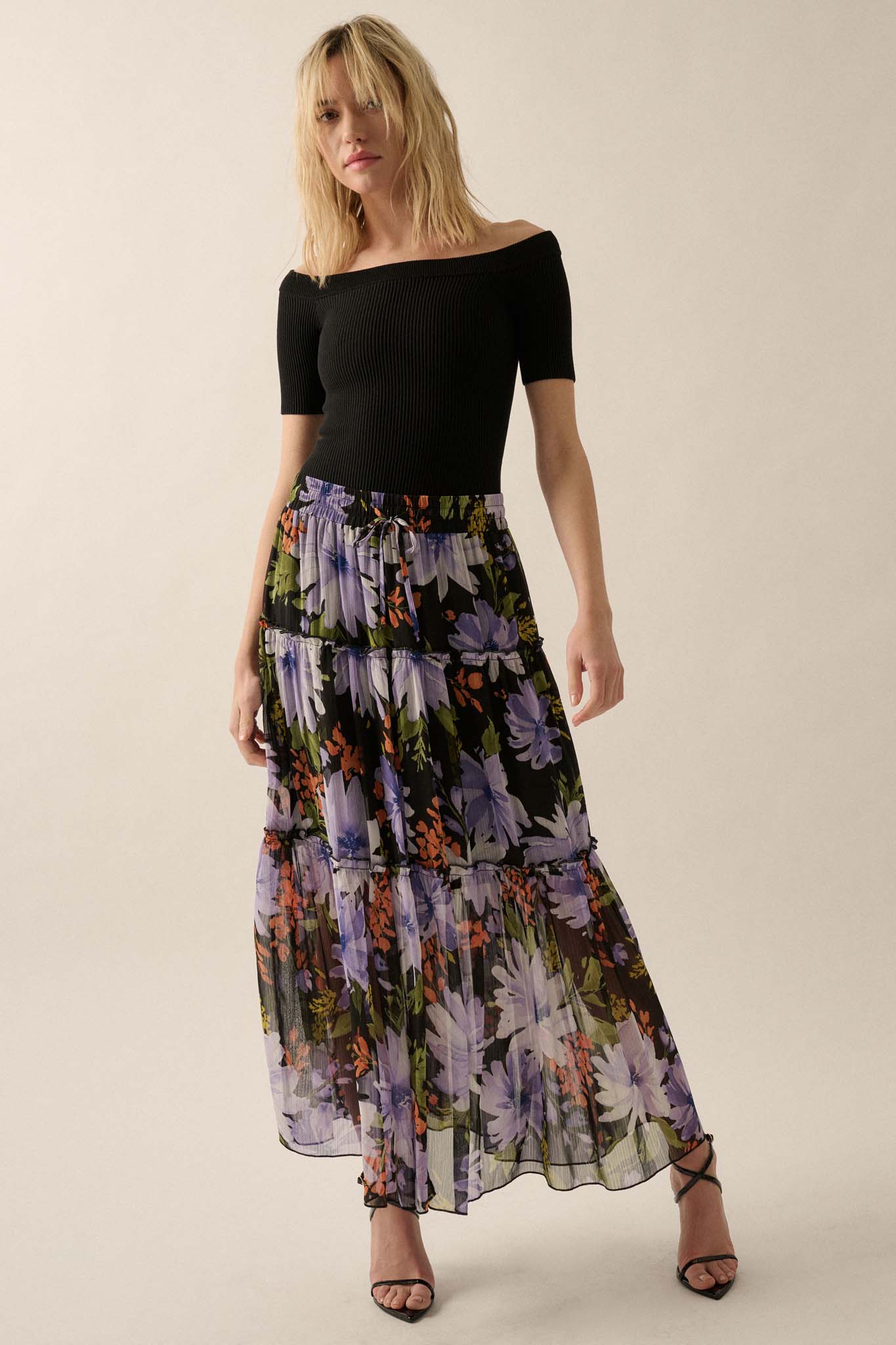 Twilight Bouquet Floral Chiffon Tiered Maxi Skirt - ShopPromesa