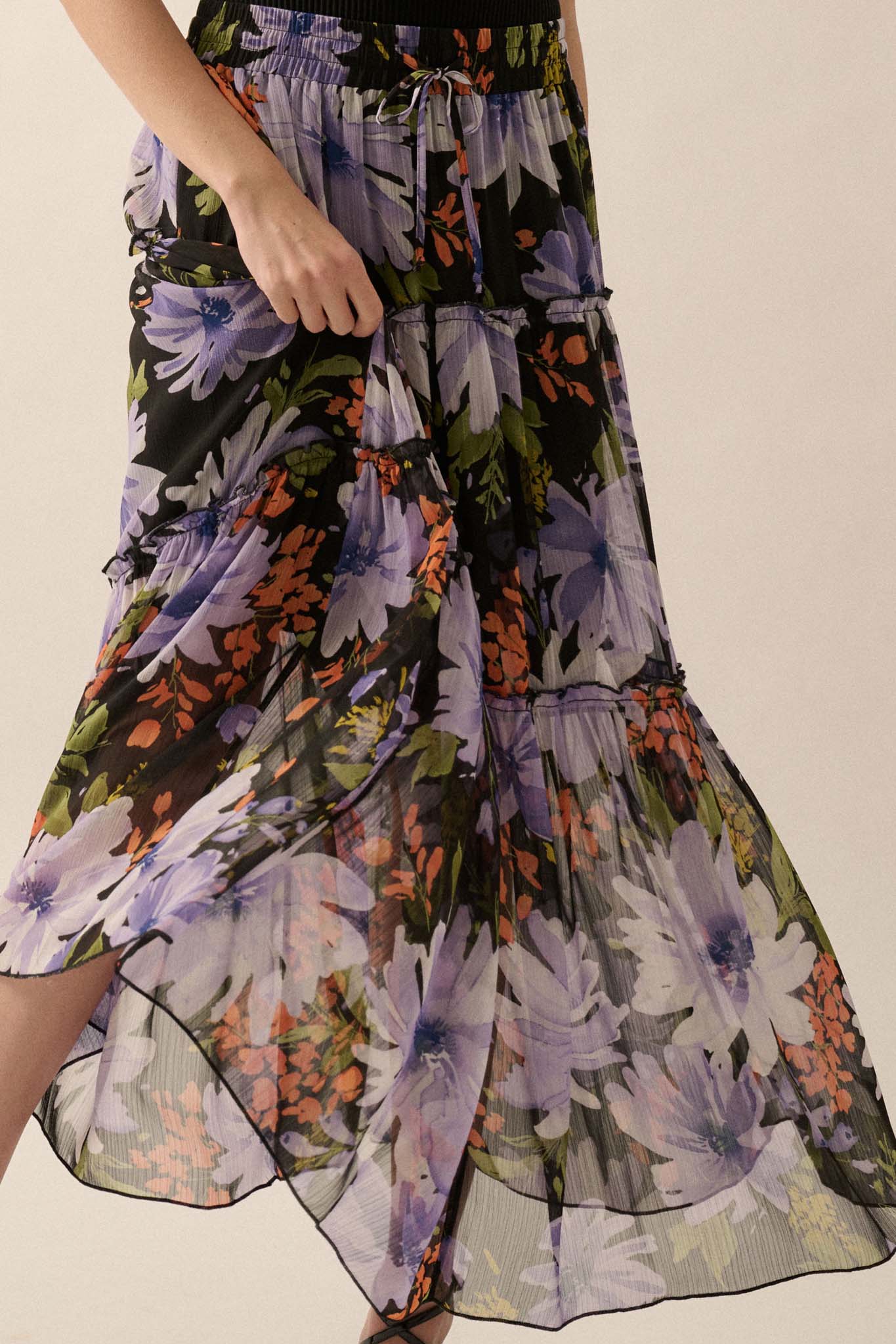 Twilight Bouquet Floral Chiffon Tiered Maxi Skirt - ShopPromesa