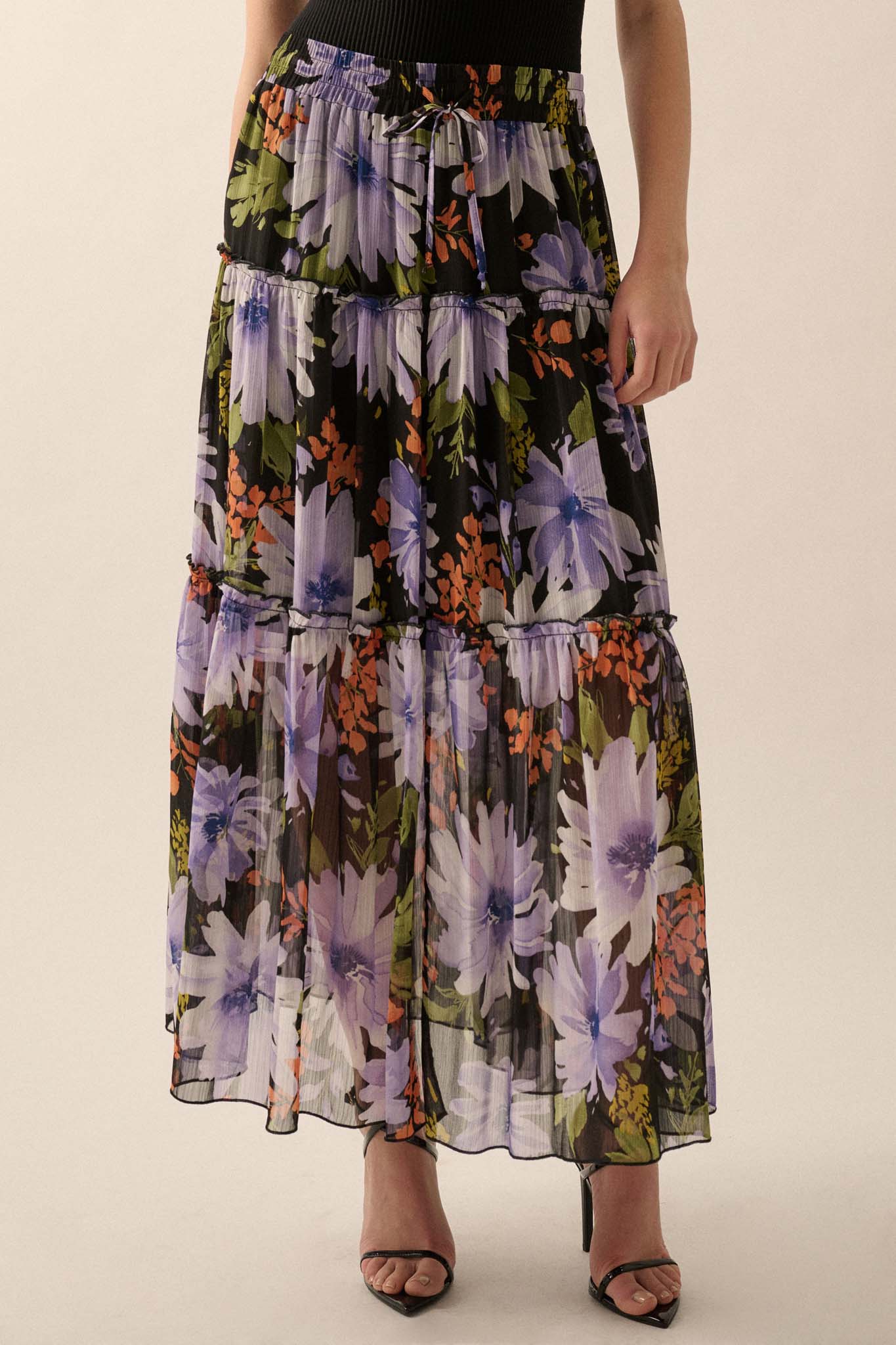 Twilight Bouquet Floral Chiffon Tiered Maxi Skirt - ShopPromesa