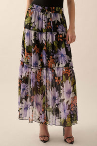 Twilight Bouquet Floral Chiffon Tiered Maxi Skirt - ShopPromesa