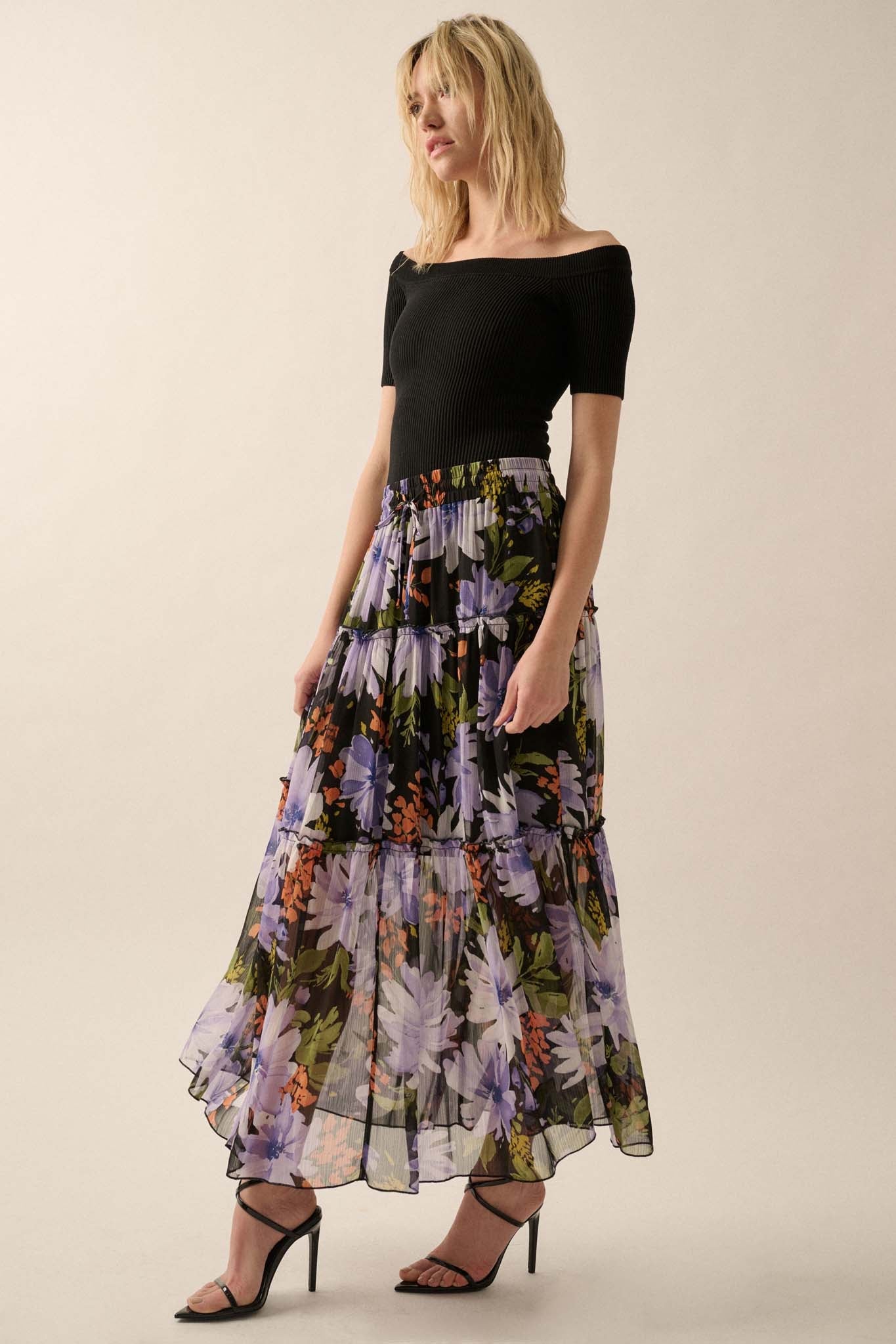 Twilight Bouquet Floral Chiffon Tiered Maxi Skirt - ShopPromesa