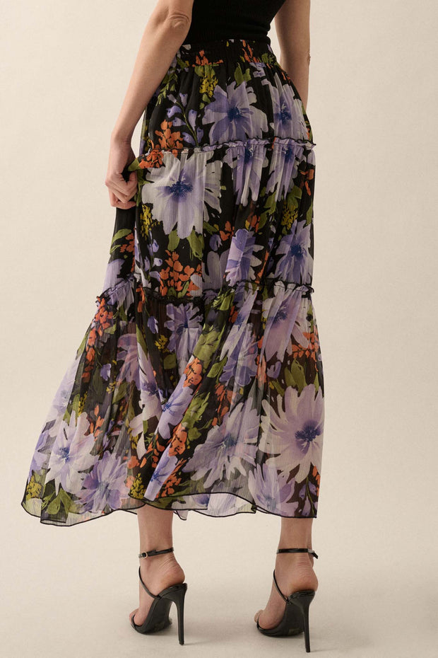 Twilight Bouquet Floral Chiffon Tiered Maxi Skirt - ShopPromesa