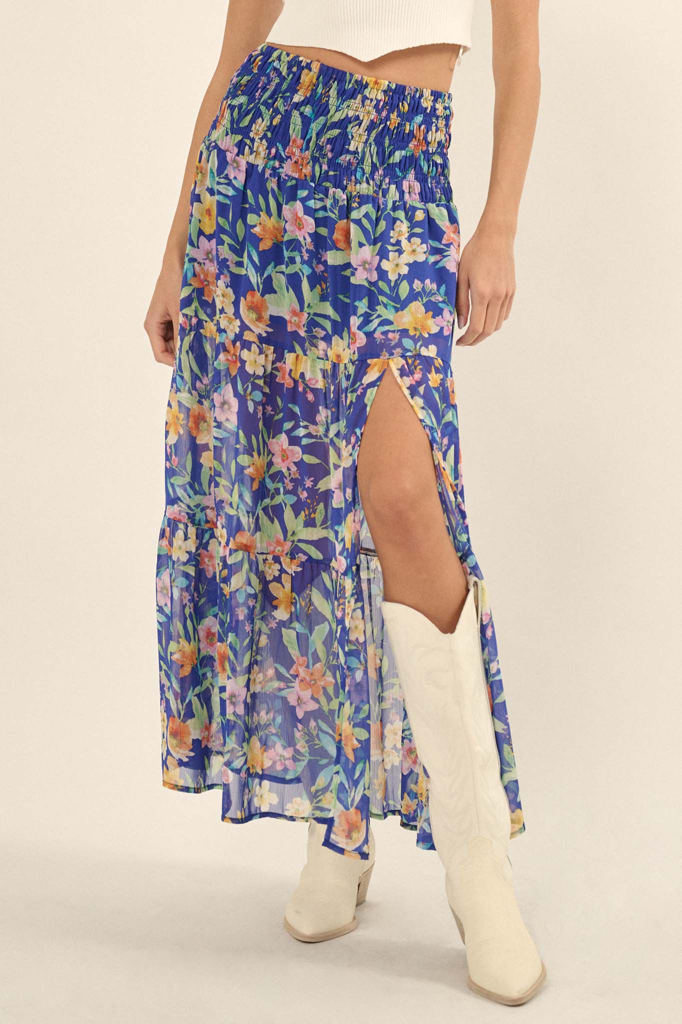 Bahama Mama Floral Chiffon Tiered Maxi Skirt - ShopPromesa