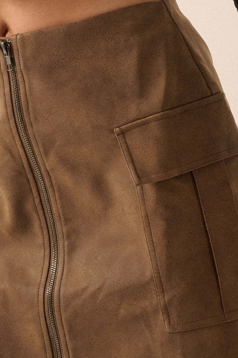 Fast Track Vegan Leather Front-Zip Cargo Mini Skirt - ShopPromesa