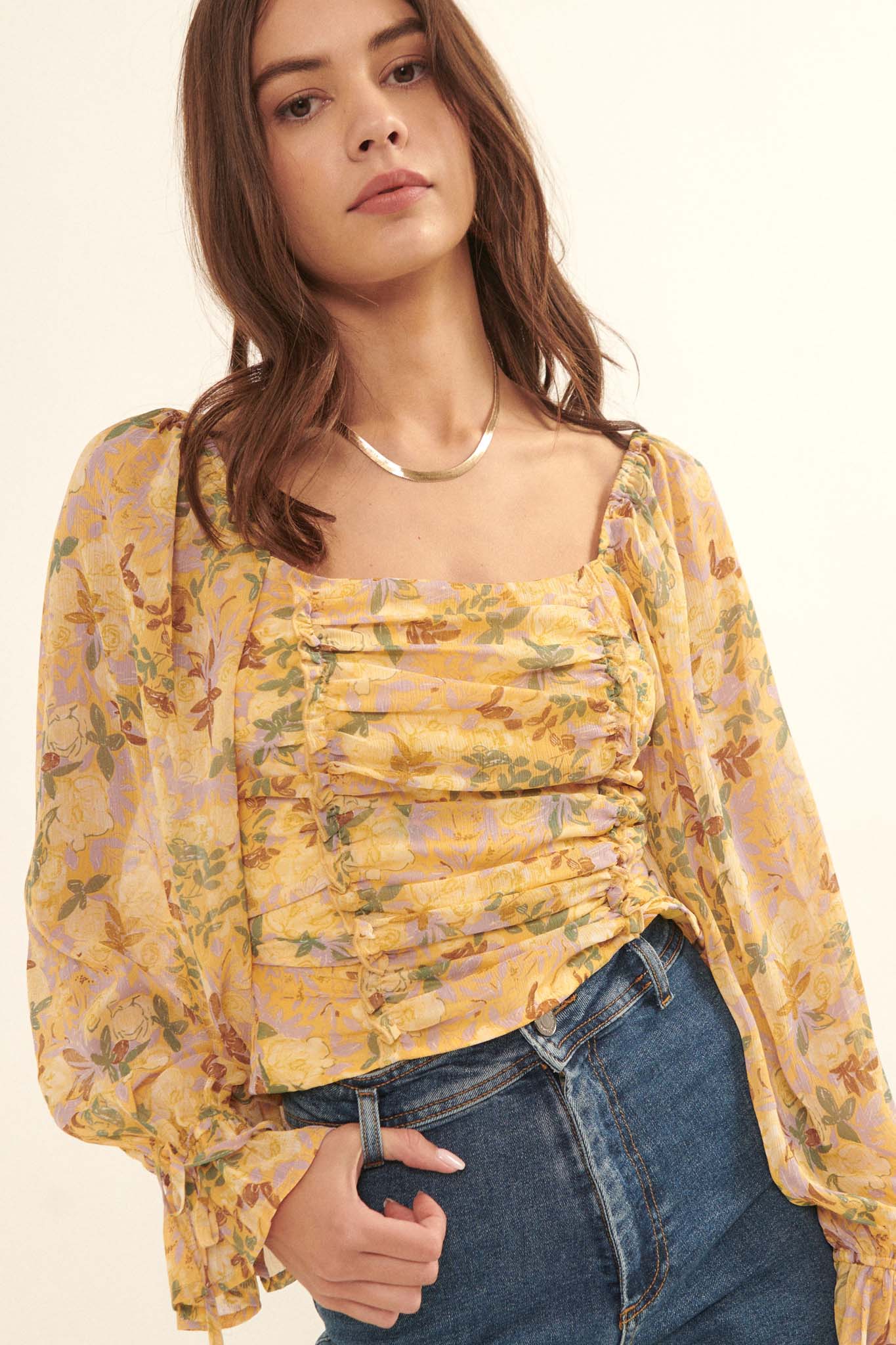 Heart of Gold Ruffled Floral Chiffon Blouse - ShopPromesa