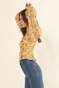 Heart of Gold Ruffled Floral Chiffon Blouse - ShopPromesa