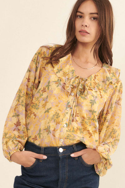 Golden Rule Ruched Floral Chiffon Peasant Top - ShopPromesa