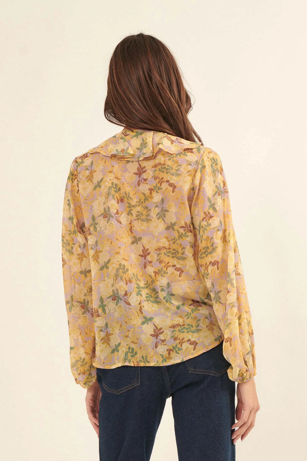 Golden Rule Ruched Floral Chiffon Peasant Top - ShopPromesa