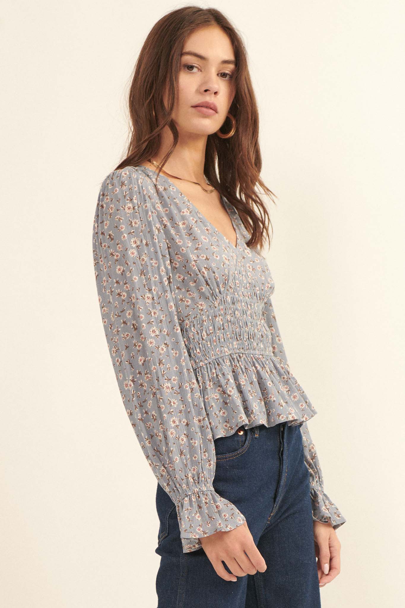 Prairie Blossoms Smocked Floral Peasant Top - ShopPromesa